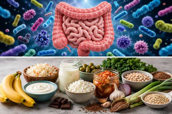 Зображення Продукти для здорової кишкової мікробіоти Фото Йогурт, кефір, квашена капуста, кімчі, овочі та інші продукти для підтримки здорової мікробіоти кишечника